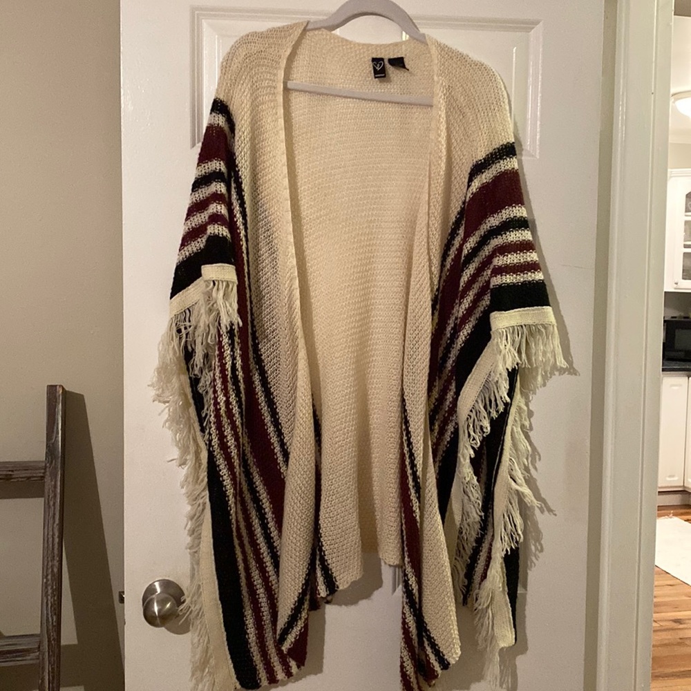 Windsor poncho- with black, maroon and cream stripe size small